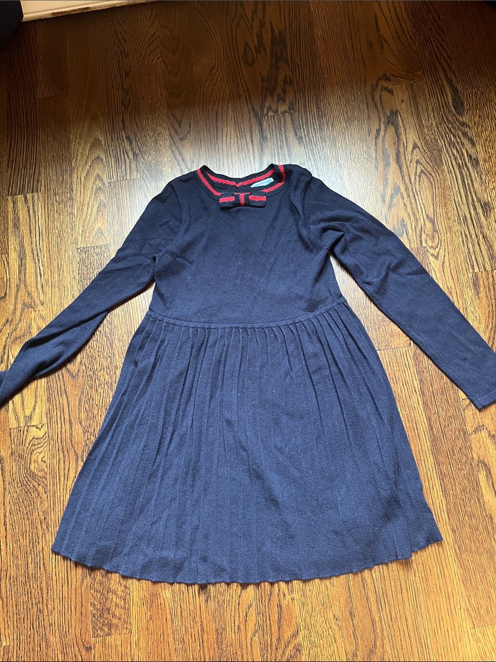 Jacadi Navy Long-Sleeve Knit Kids Dress with Red Trim